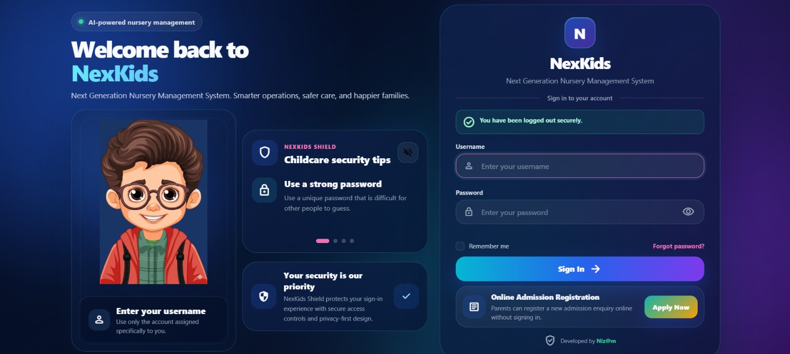 NexKids secure sign-in for students, staff and parents