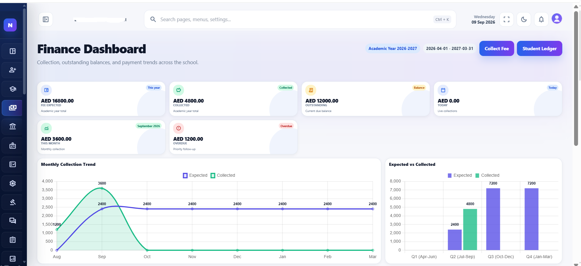 Fee collection screen